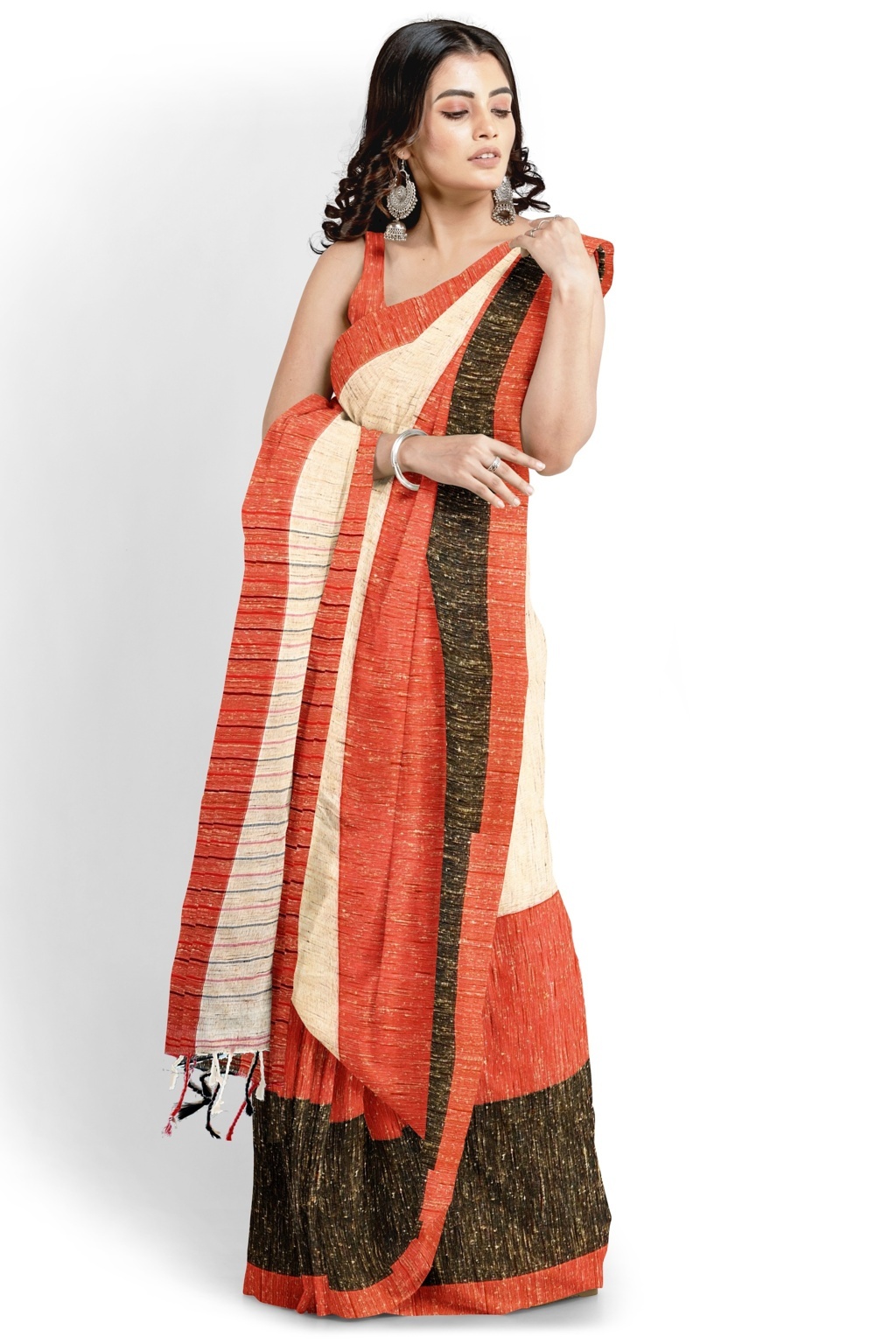 Red White Pure Cotton Kusu Hand Loom Saree (1282)